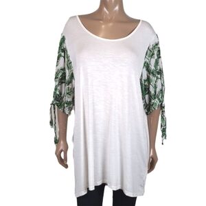 NEW Suzanne Betro Contrast Sleeve Scoop Neck Tunic Summer Blouse Palm Leaf